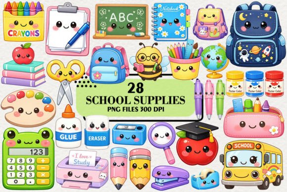 Download Kawaii School Supplies Stickers Clipart - Kawaii Collection